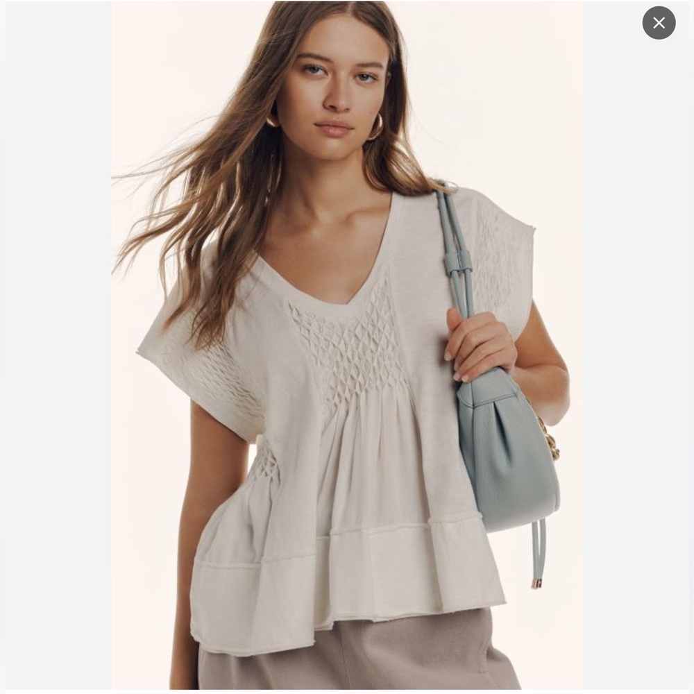 Anthropologie Cream Smocked V-Neck Peplum Blouse